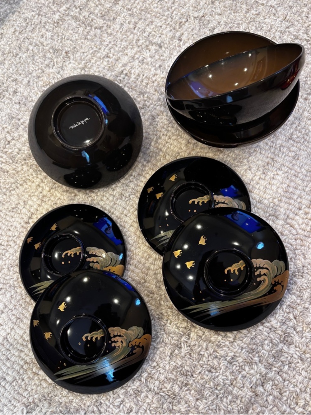 Black Lacquer Wave Pattern Soup Bowls - Set of 6